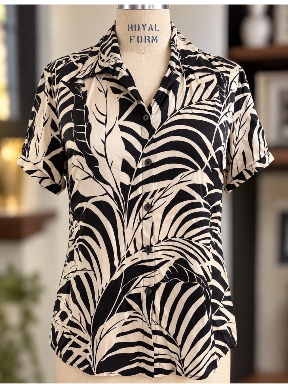 Vintage Hilo Hattie Silk Blouse Black Ivory Tropical Botanical Print